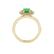 Oval cut emerald green gemstone ring, yellow gold falling edge halo setting.