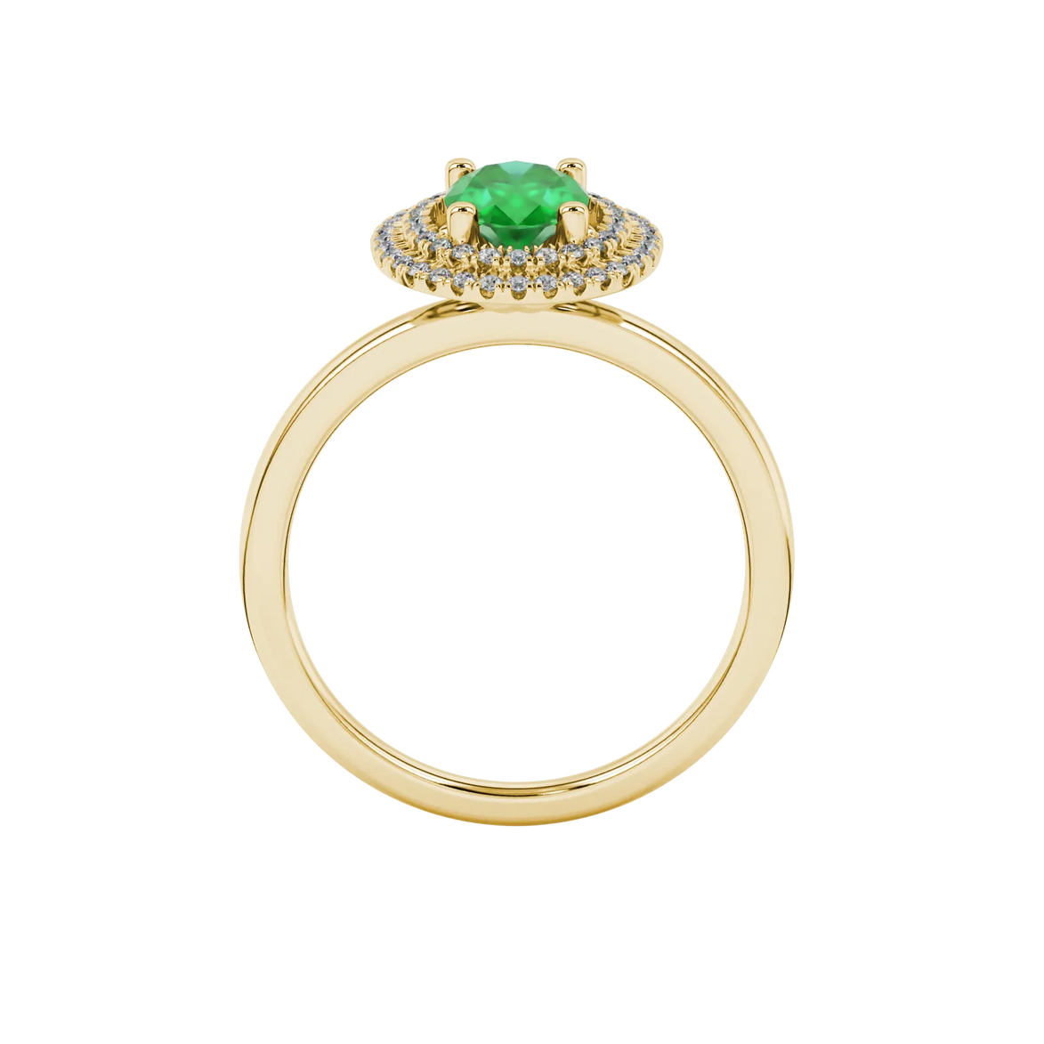 Oval cut emerald green gemstone ring, yellow gold falling edge halo setting.