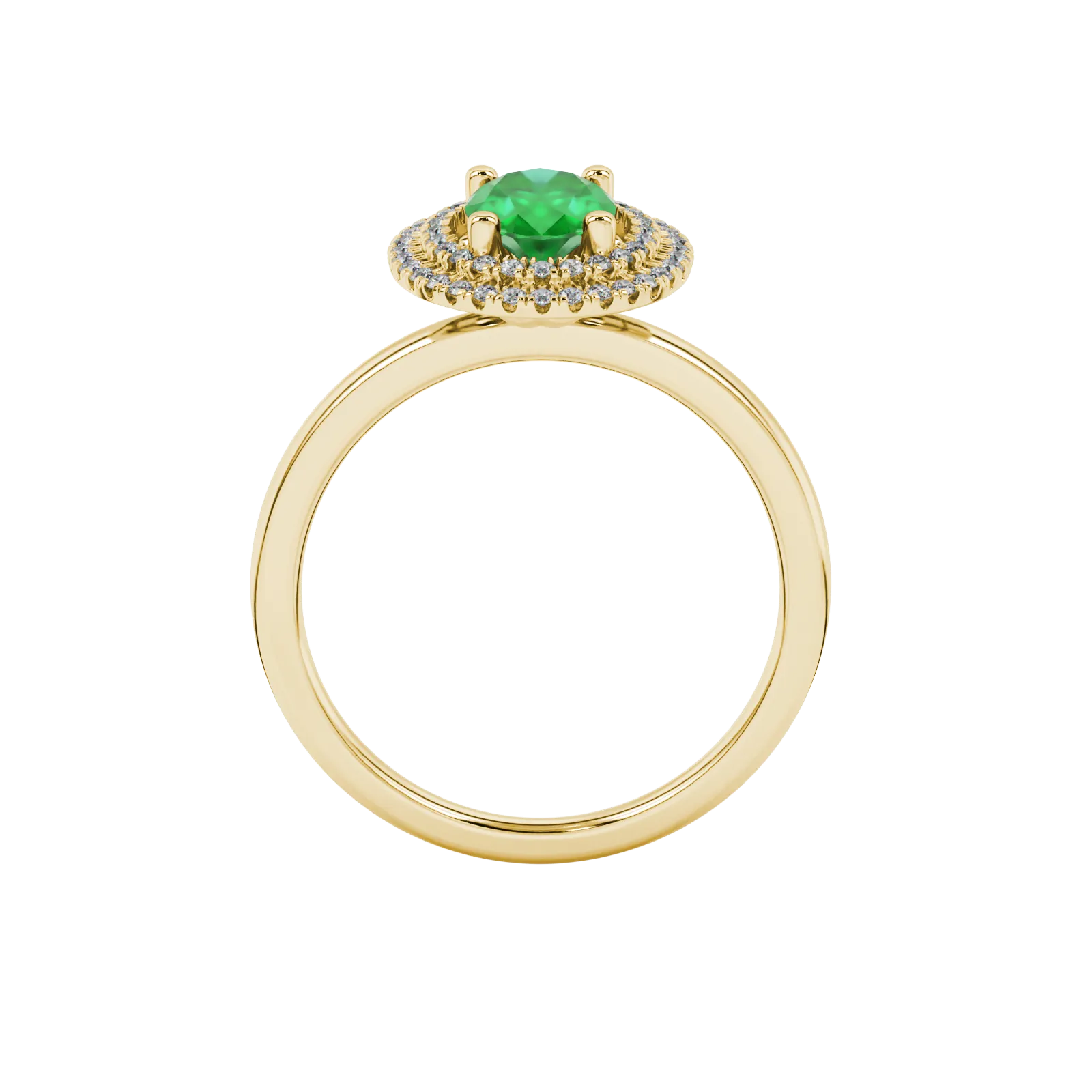 Oval cut emerald green gemstone ring, yellow gold falling edge halo setting.