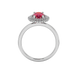 Oval cut raspberry red gemstone ring, white gold falling edge halo setting.
