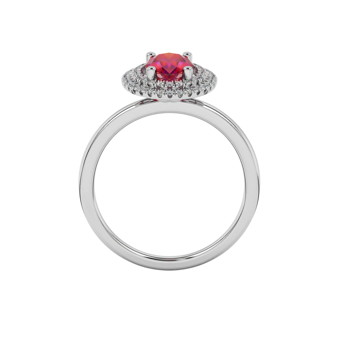 Oval cut raspberry red gemstone ring, white gold falling edge halo setting.