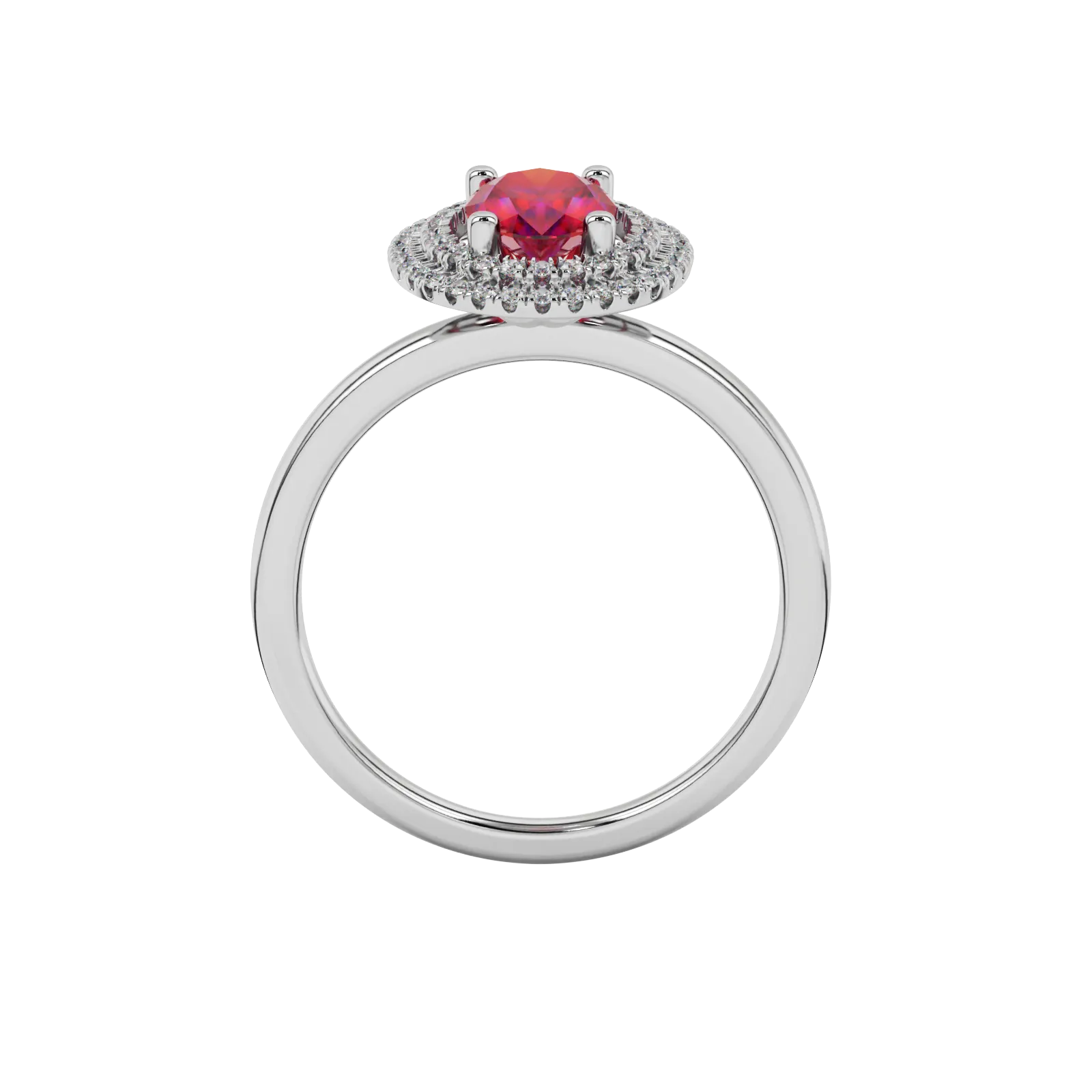 Oval cut raspberry red gemstone ring, white gold falling edge halo setting.