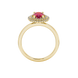 Oval cut raspberry red gemstone ring, yellow gold falling edge halo setting.