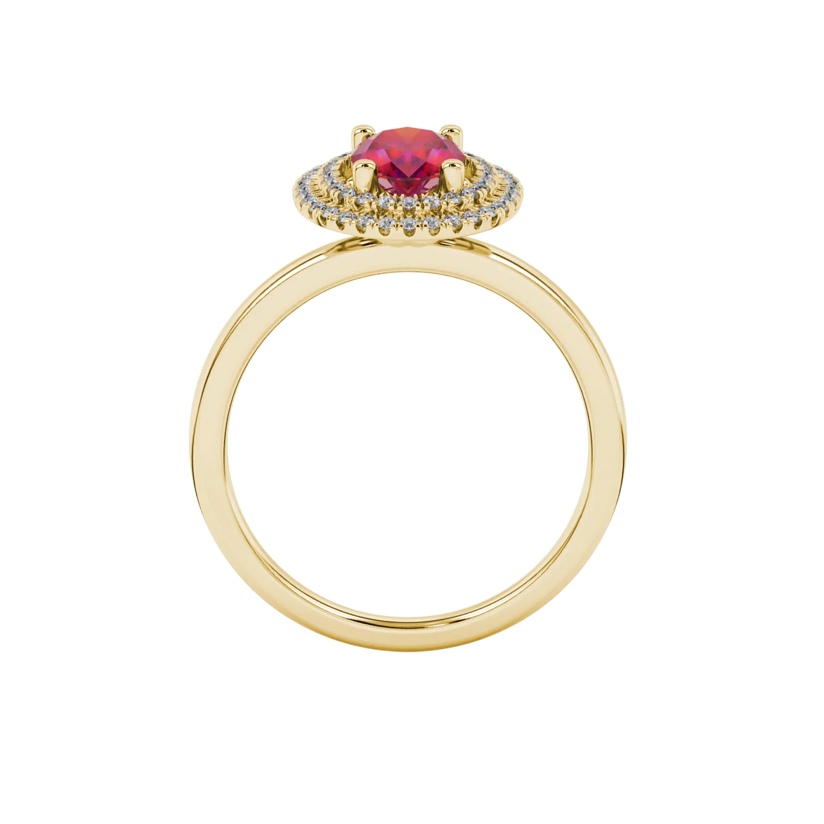 Oval cut raspberry red gemstone ring, yellow gold falling edge halo setting.