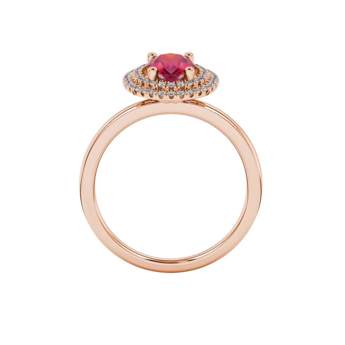 Oval cut raspberry red gemstone ring, rose gold falling edge halo setting.
