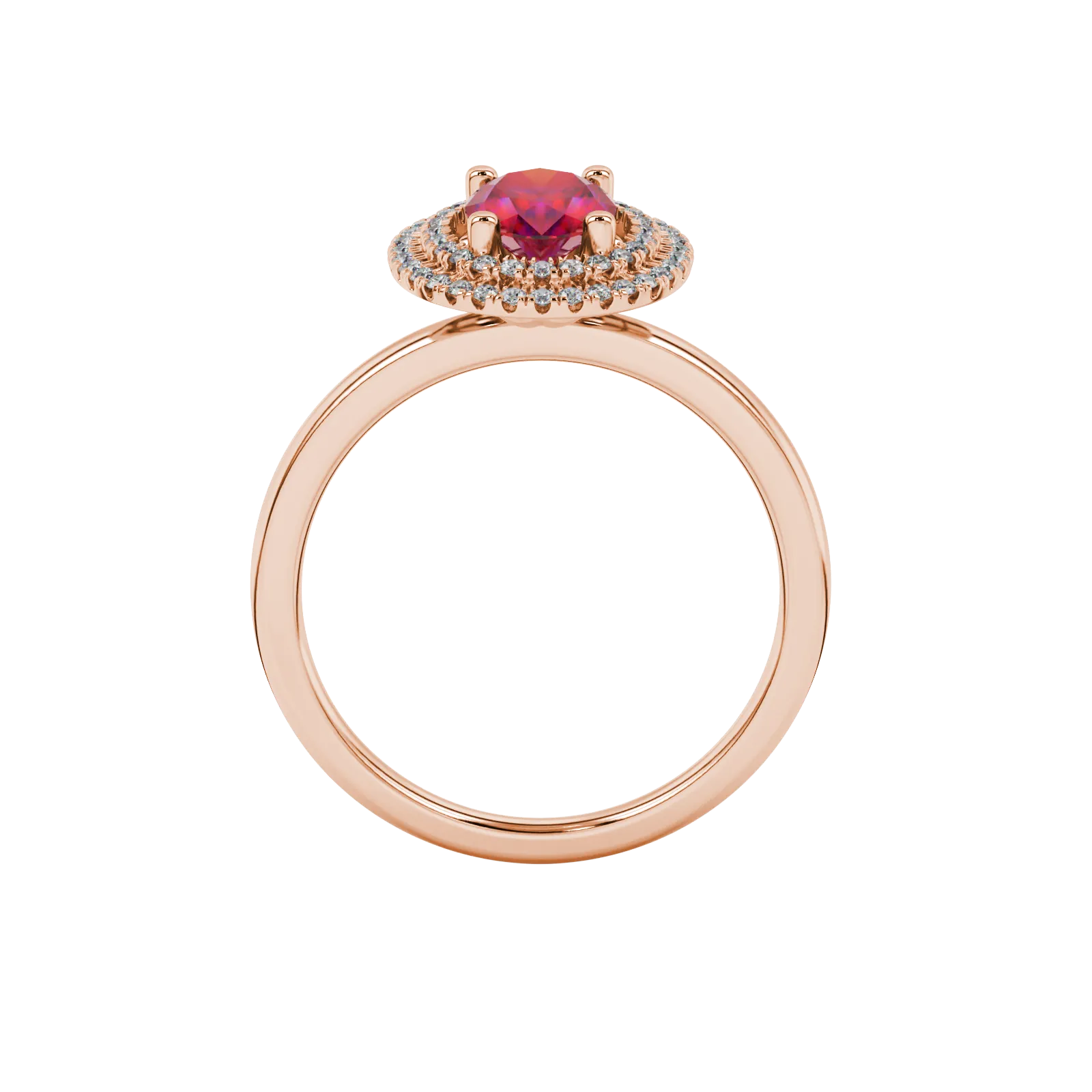 Oval cut raspberry red gemstone ring, rose gold falling edge halo setting.