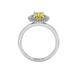 Oval cut canary yellow gemstone ring, white gold falling edge halo setting.