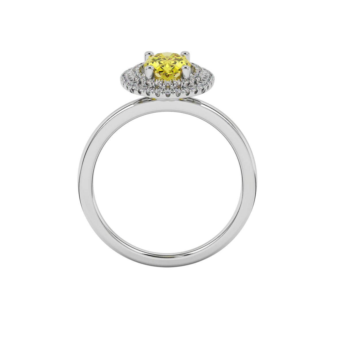 Oval cut canary yellow gemstone ring, white gold falling edge halo setting.