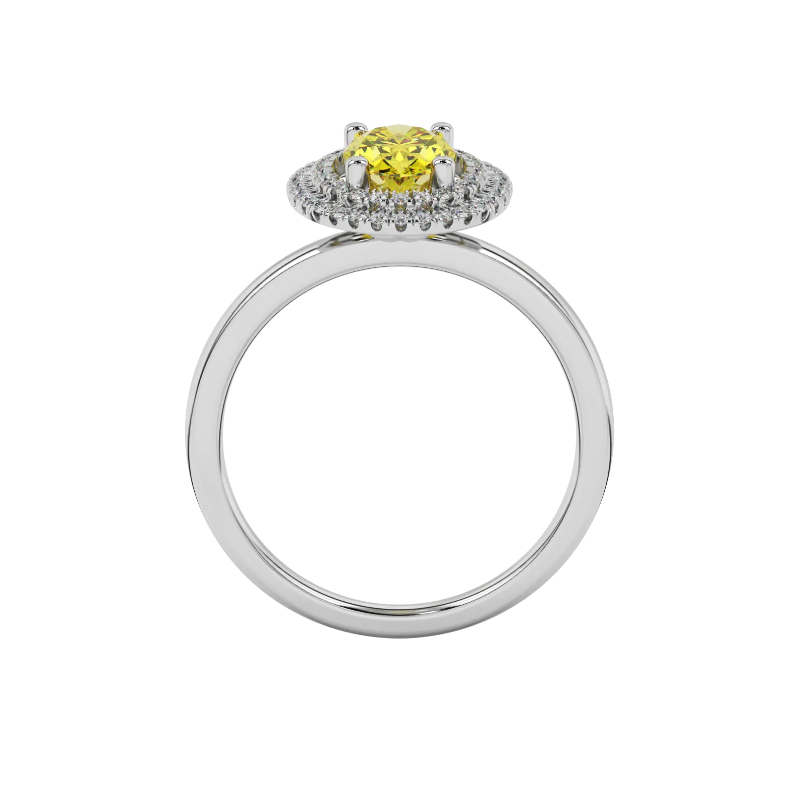 Oval cut canary yellow gemstone ring, white gold falling edge halo setting.