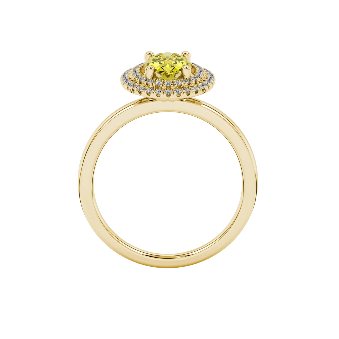 Oval cut canary yellow gemstone ring, yellow gold falling edge halo setting.