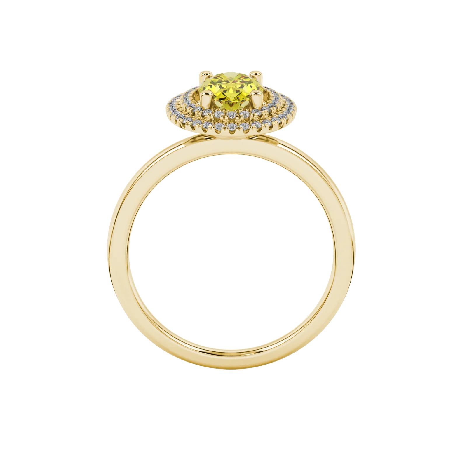 Oval cut canary yellow gemstone ring, yellow gold falling edge halo setting.