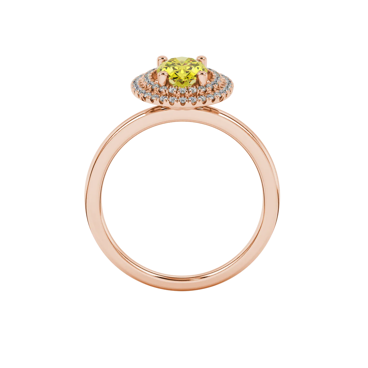 Oval cut canary yellow gemstone ring, rose gold falling edge halo setting.