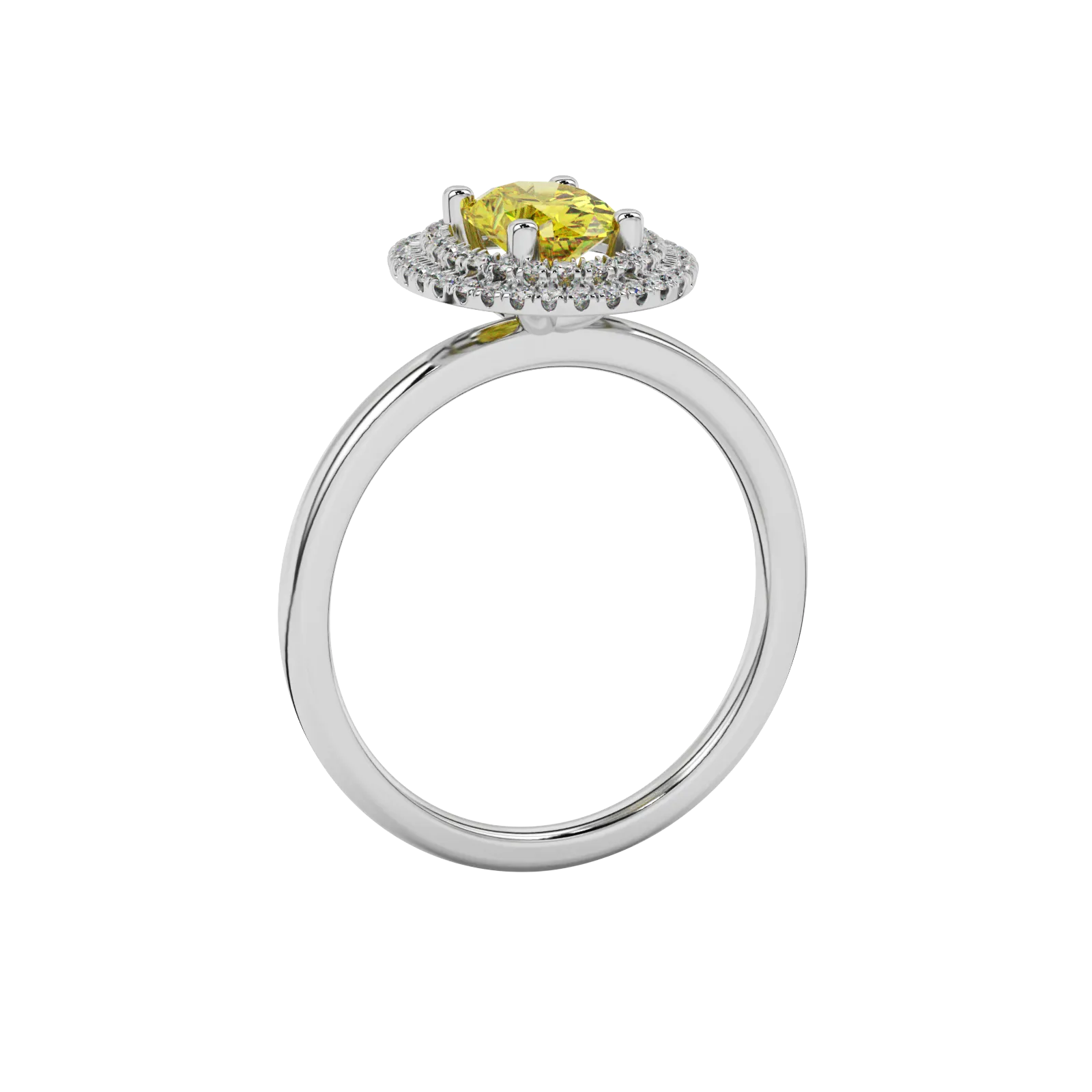 Side profile, white gold canary yellow ring, falling edge halo gallery.