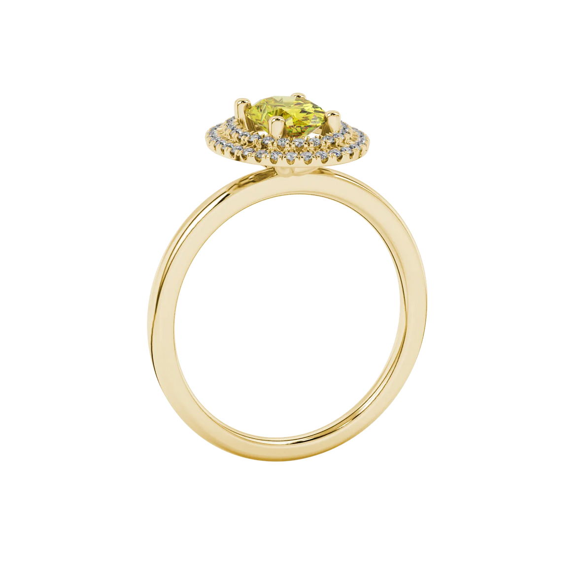 Side profile, yellow gold canary yellow ring, falling edge halo gallery.