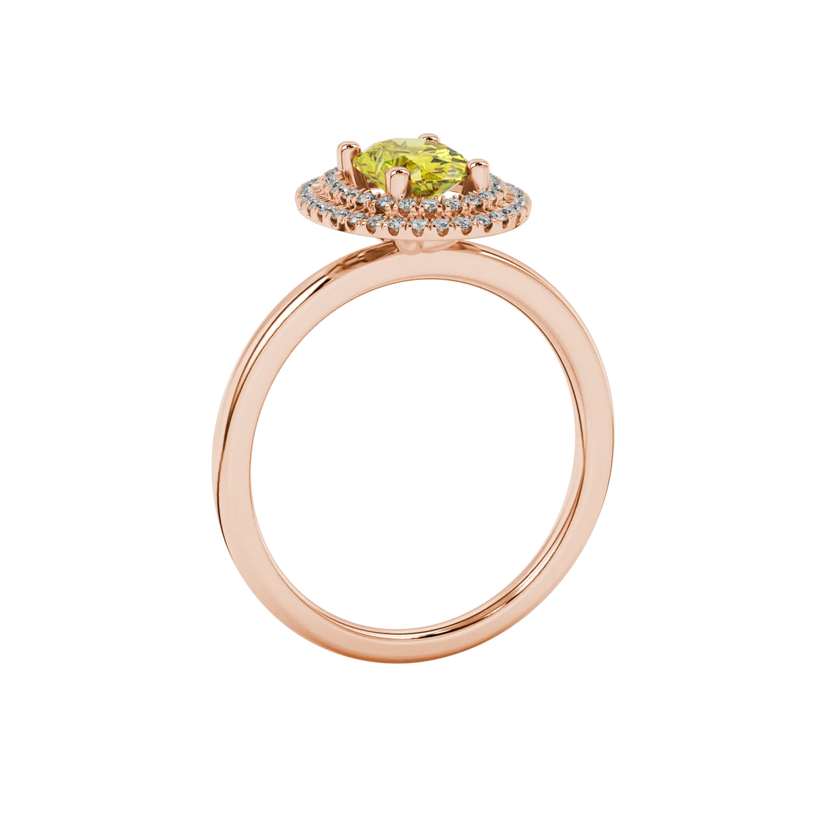 Side profile, rose gold canary yellow ring, falling edge halo gallery.