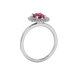 Side profile, white gold raspberry red ring, falling edge halo gallery.