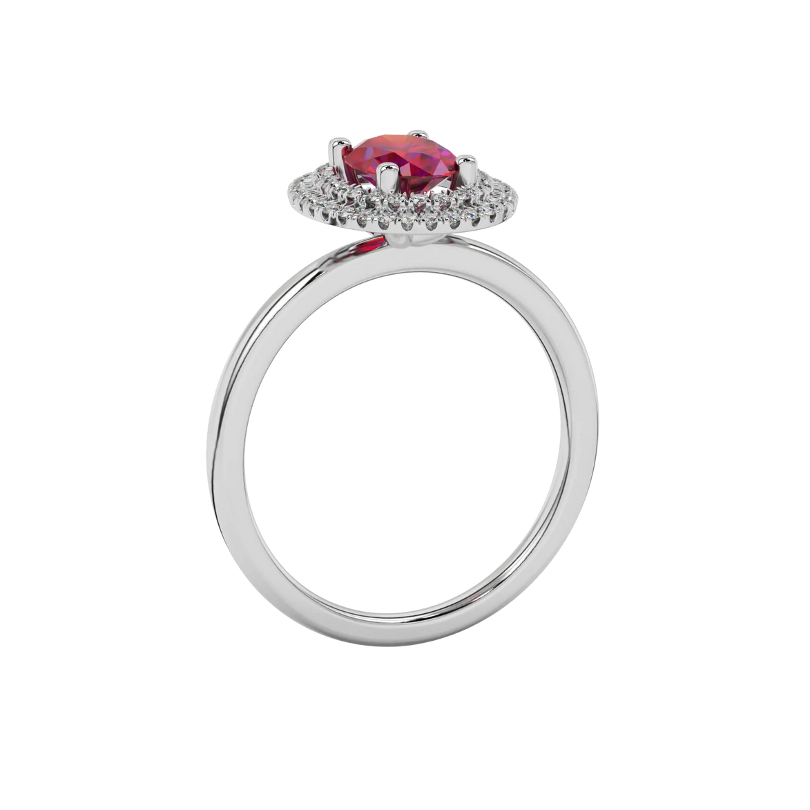 Side profile, white gold raspberry red ring, falling edge halo gallery.