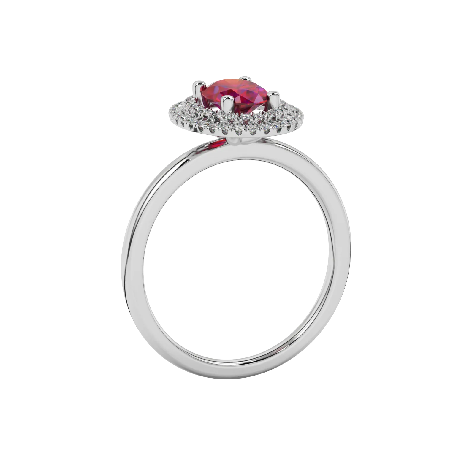 Side profile, white gold raspberry red ring, falling edge halo gallery.