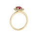 Side profile, yellow gold raspberry red ring, falling edge halo gallery.