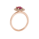 Side profile, rose gold raspberry red ring, falling edge halo gallery.