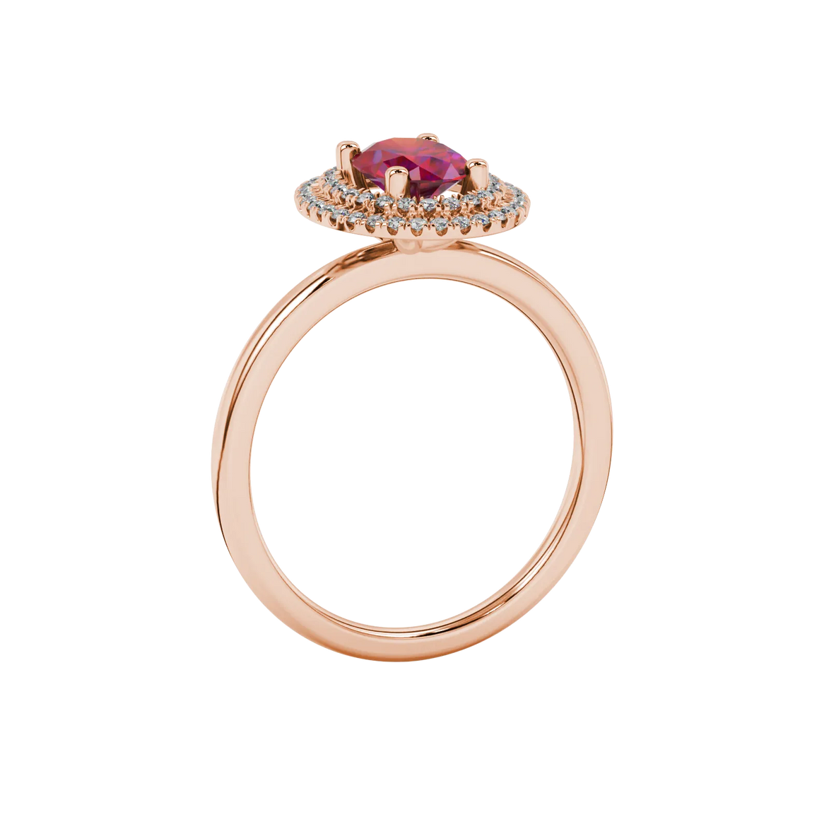 Side profile, rose gold raspberry red ring, falling edge halo gallery.