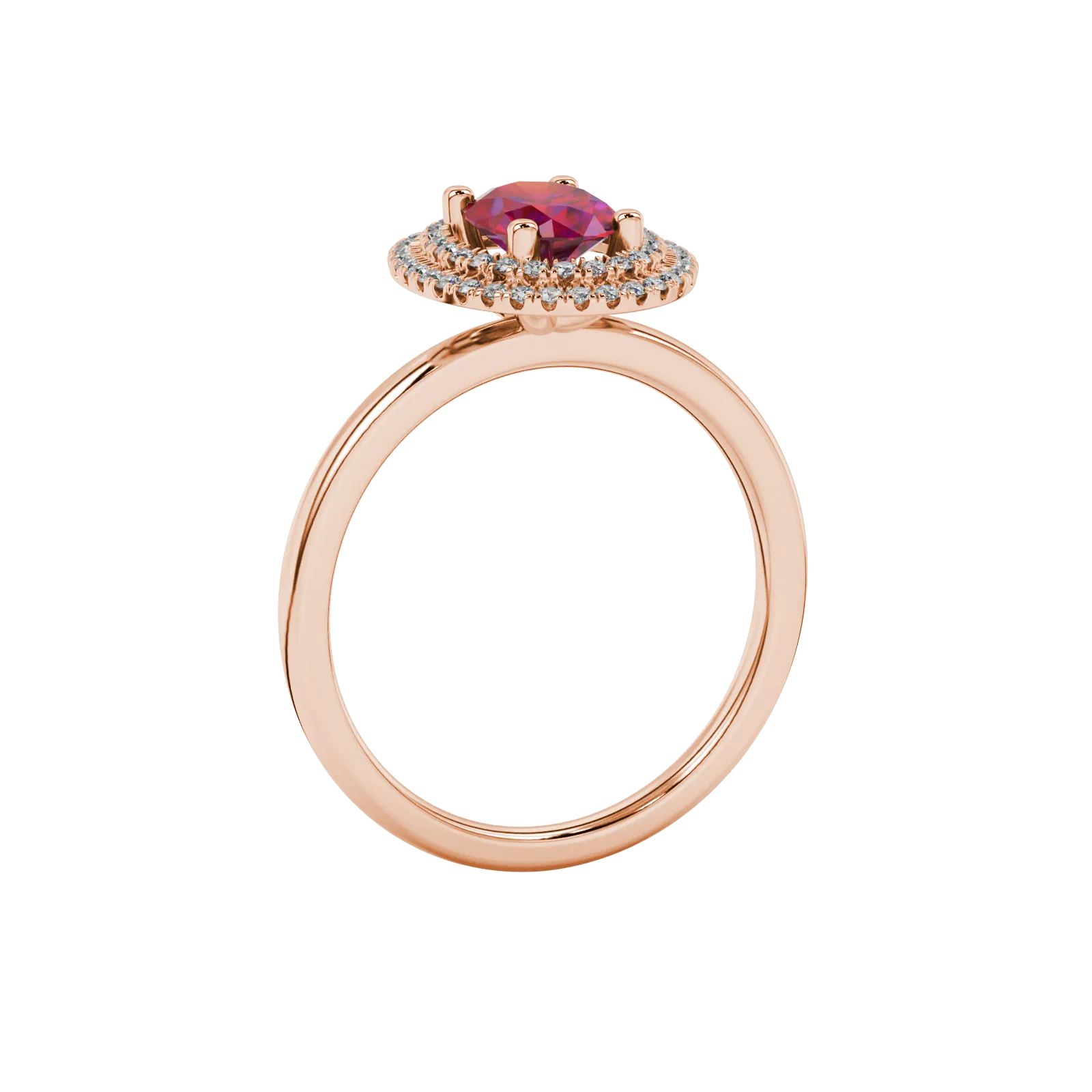 Side profile, rose gold raspberry red ring, falling edge halo gallery.