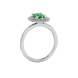Side profile, white gold emerald green ring, falling edge halo gallery.