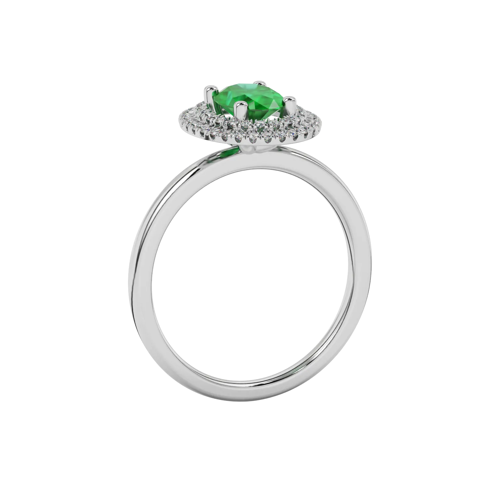 Side profile, white gold emerald green ring, falling edge halo gallery.