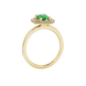 Side profile, yellow gold emerald green ring, falling edge halo gallery.