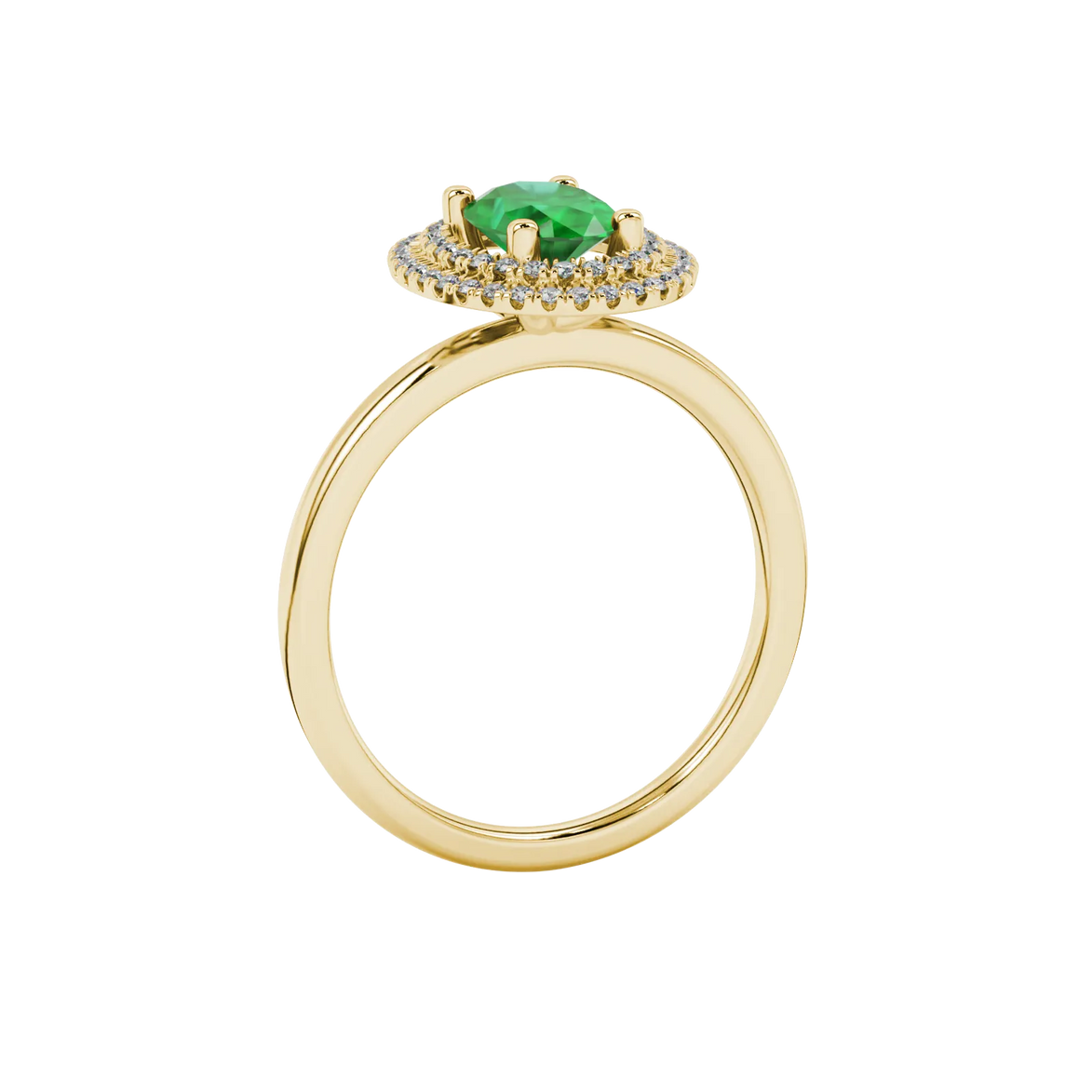 Side profile, yellow gold emerald green ring, falling edge halo gallery.