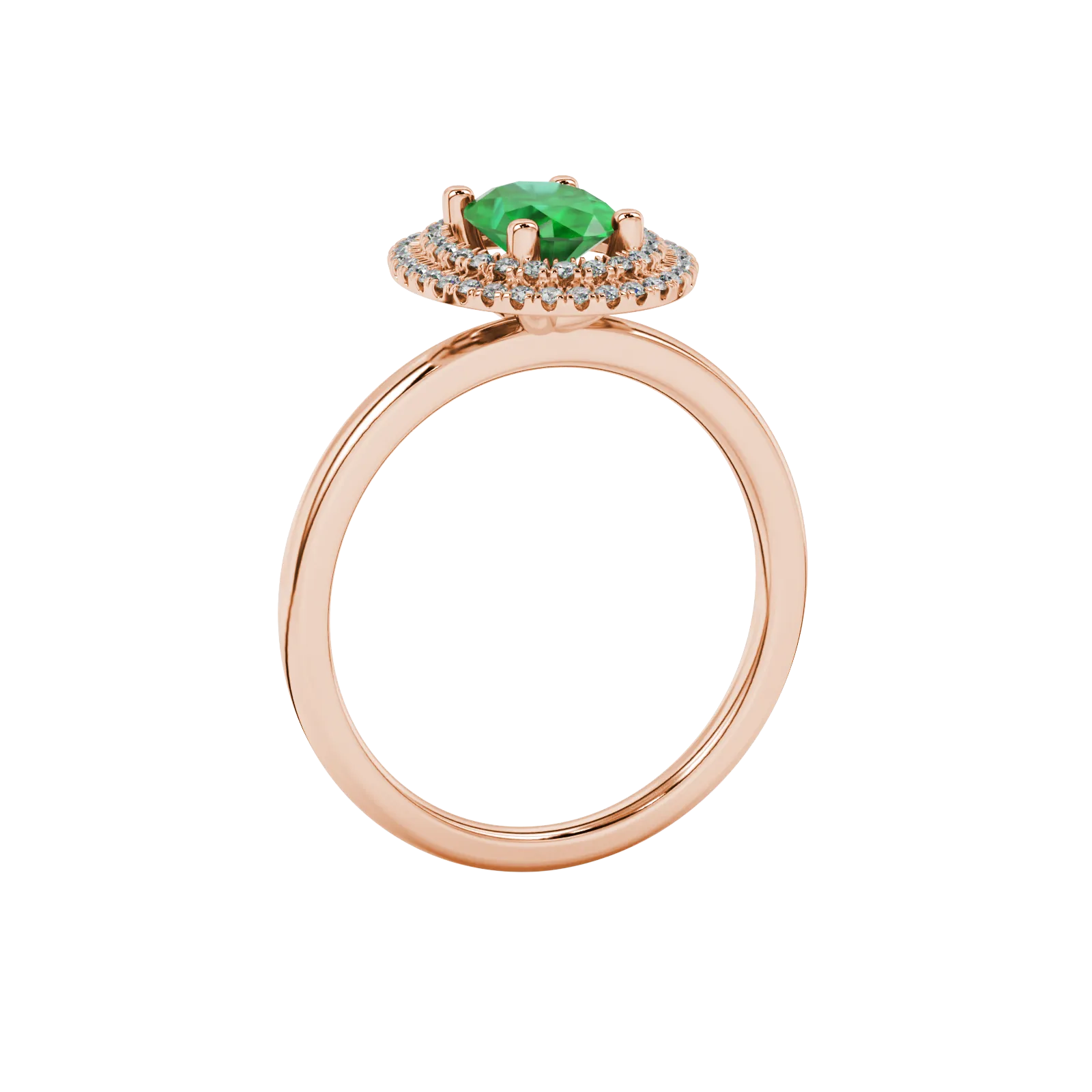 Side profile, rose gold emerald green ring, falling edge halo gallery.