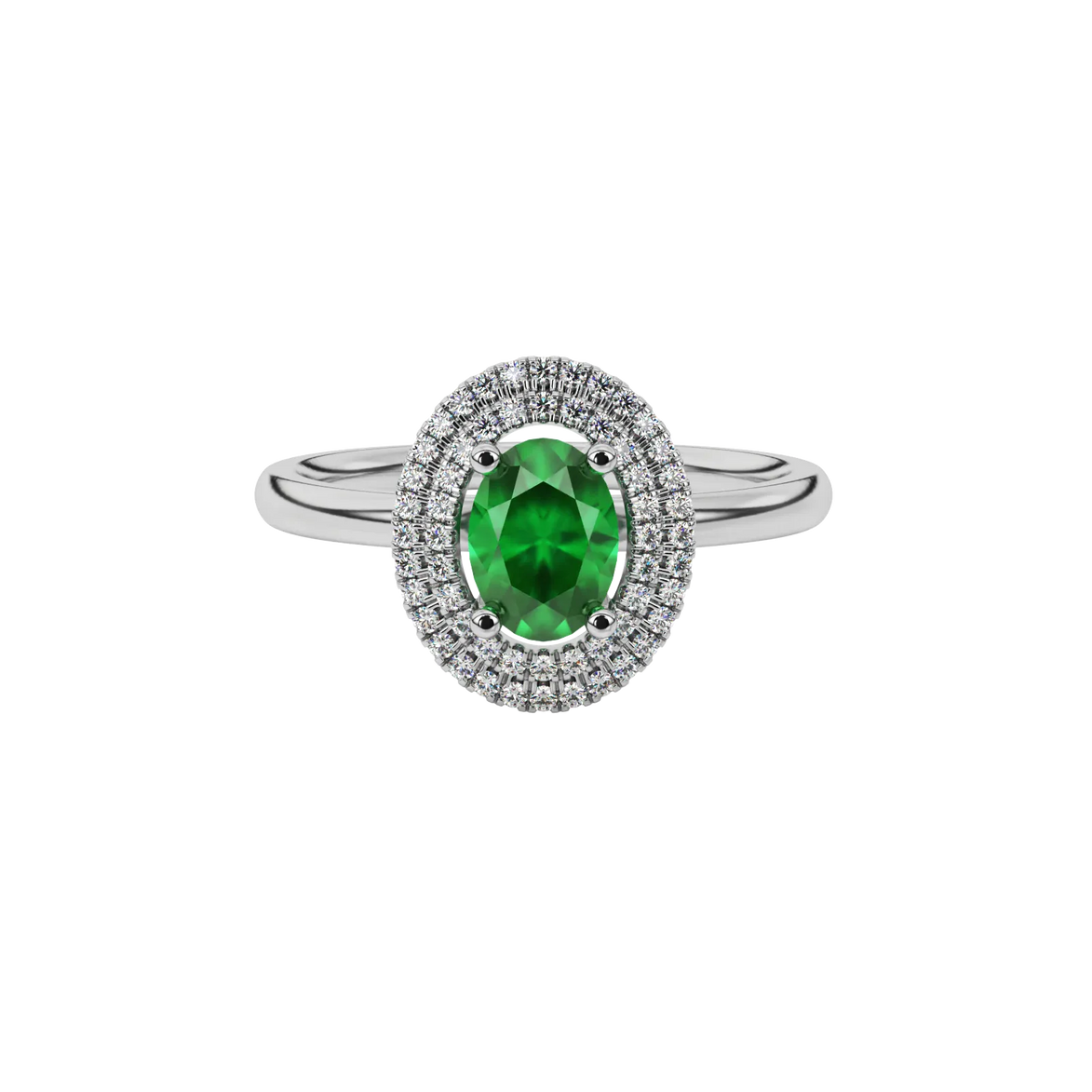 Close-up emerald green gemstone ring, white gold falling edge halo.