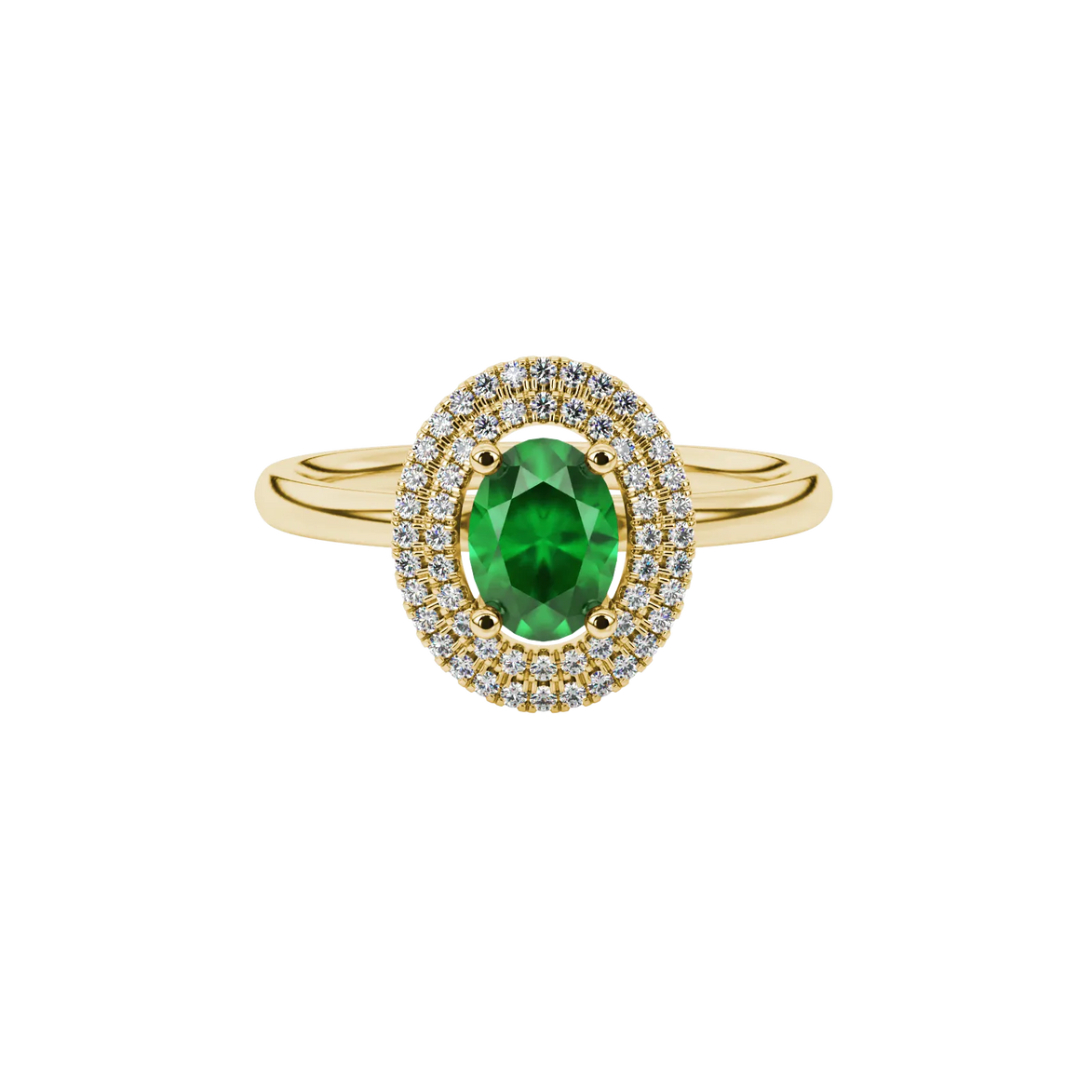 Close-up, oval cut emerald green gemstone, yellow gold falling edge halo ring.
