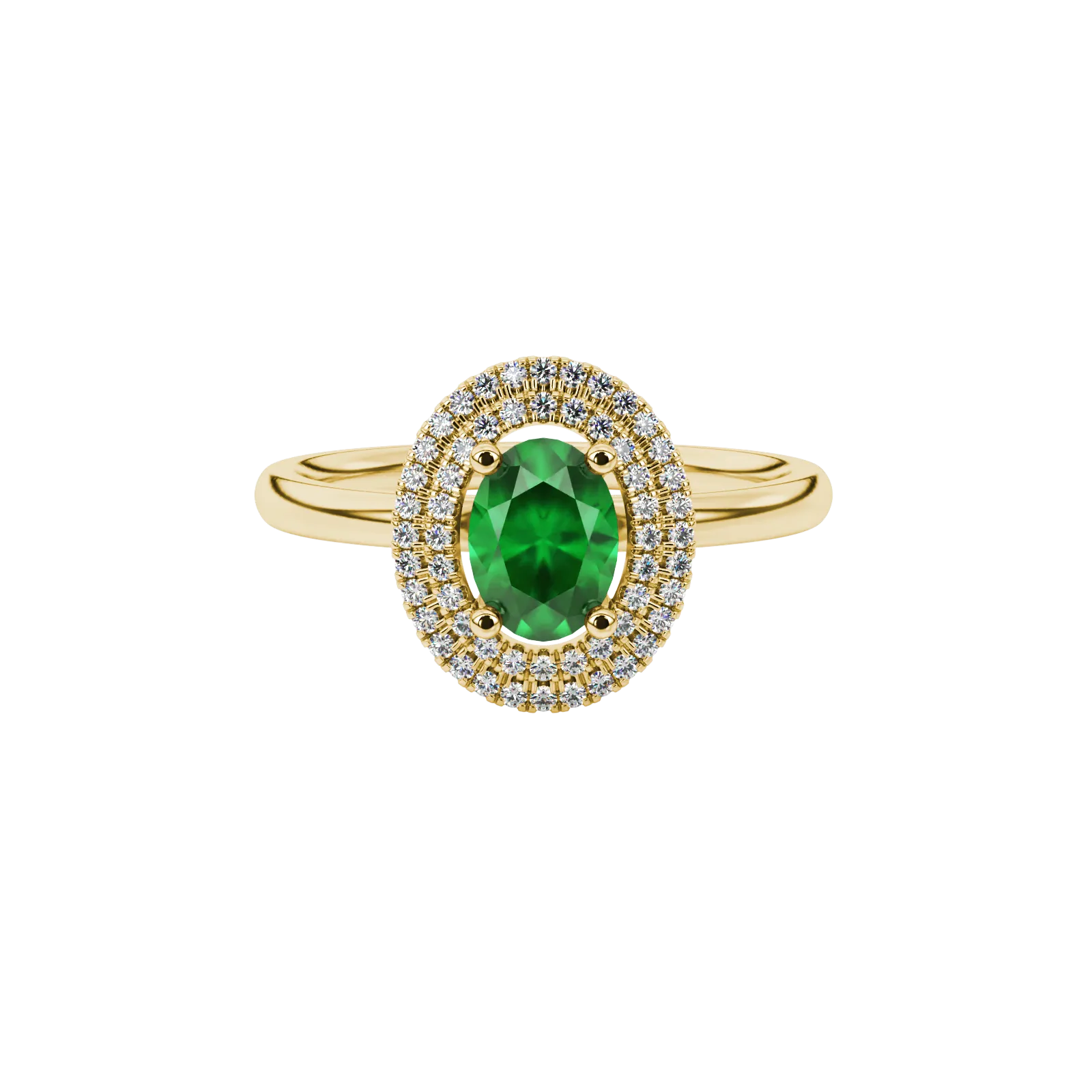 Close-up, oval cut emerald green gemstone, yellow gold falling edge halo ring.