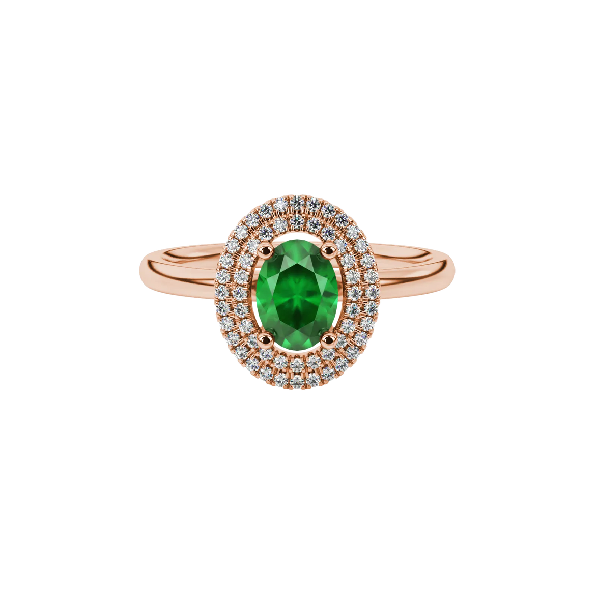 Close-up, oval cut emerald green gemstone ring, rose gold double halo.