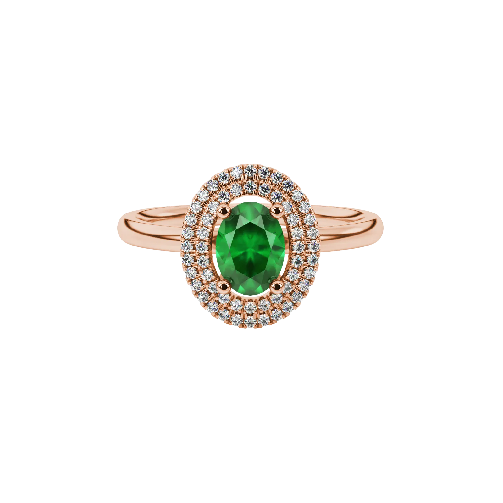 Close-up, oval cut emerald green gemstone ring, rose gold double halo.