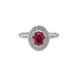 Close-up raspberry red gemstone ring, white gold falling edge halo.