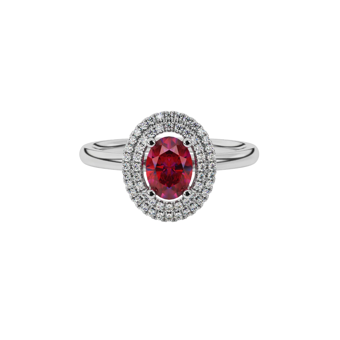 Close-up raspberry red gemstone ring, white gold falling edge halo.