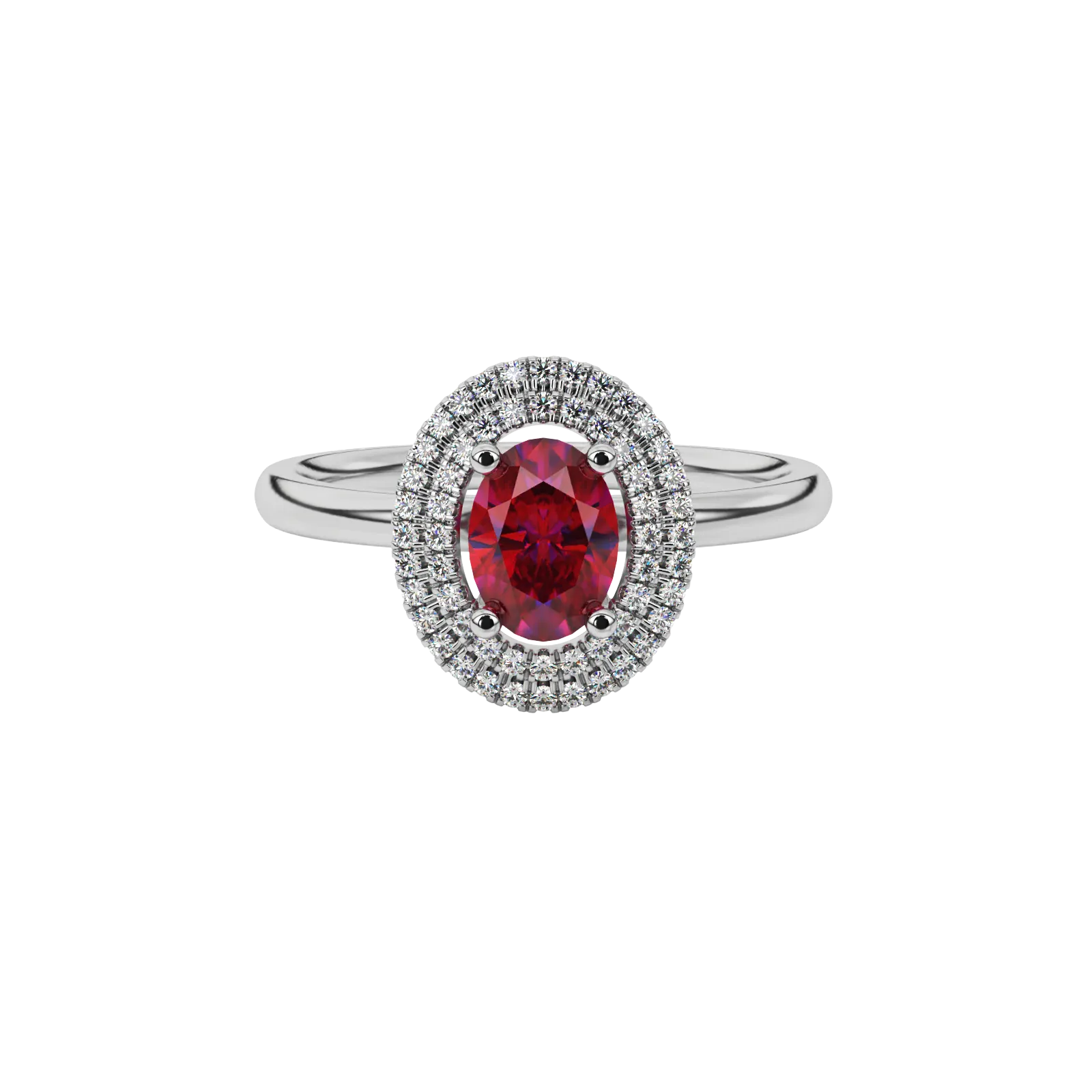 Close-up raspberry red gemstone ring, white gold falling edge halo.