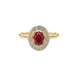Close-up, oval cut raspberry red gemstone, yellow gold falling edge halo ring.
