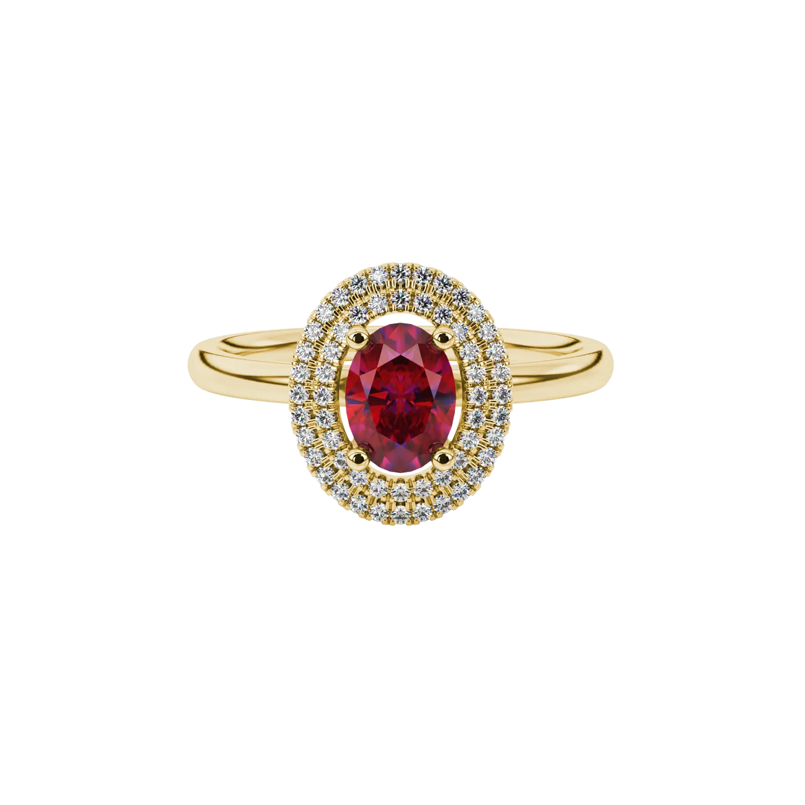 Close-up, oval cut raspberry red gemstone, yellow gold falling edge halo ring.