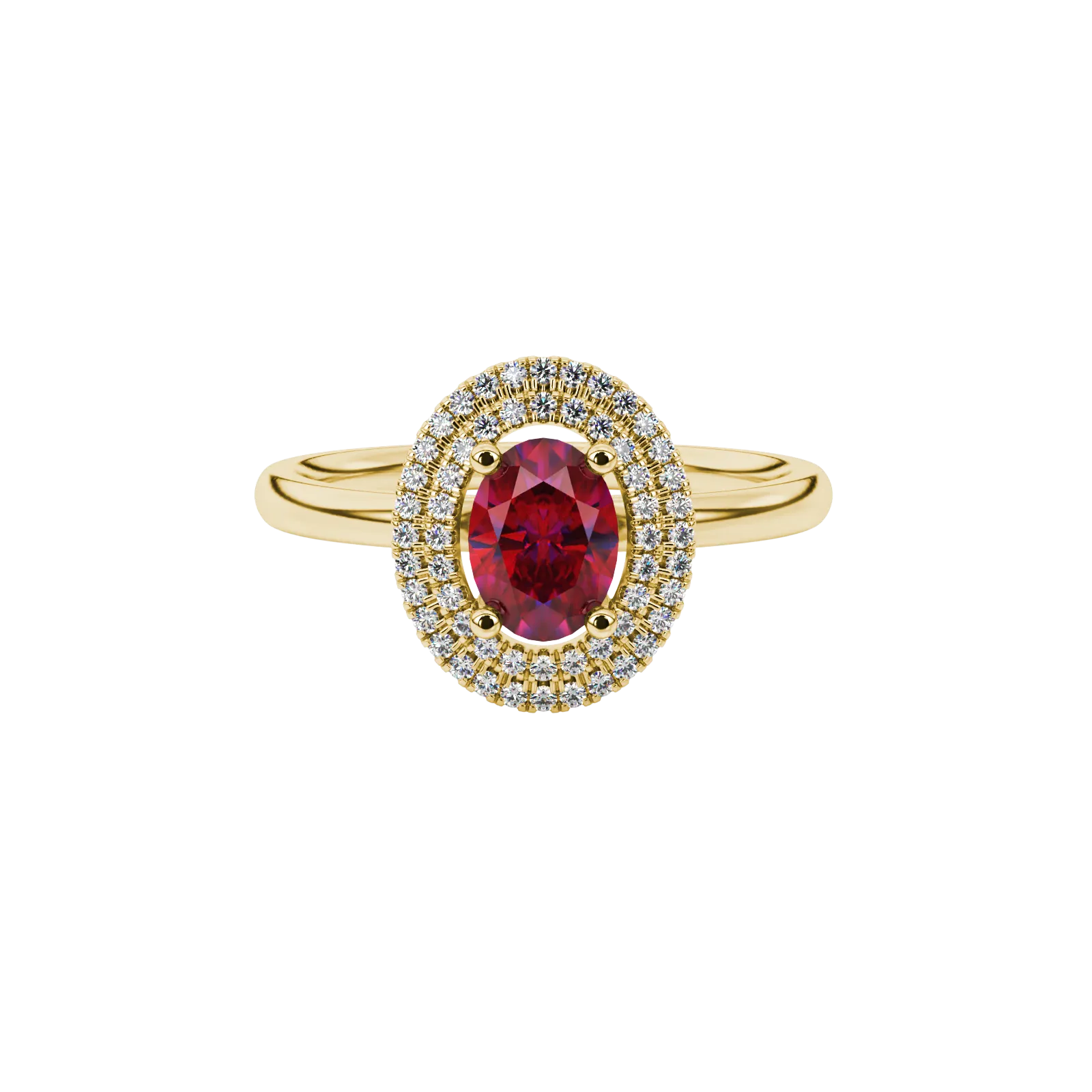 Close-up, oval cut raspberry red gemstone, yellow gold falling edge halo ring.
