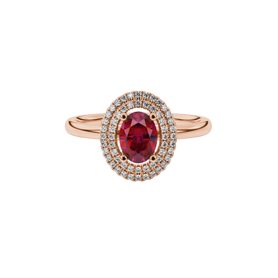 Close-up, oval cut raspberry red gemstone ring, rose gold double halo.