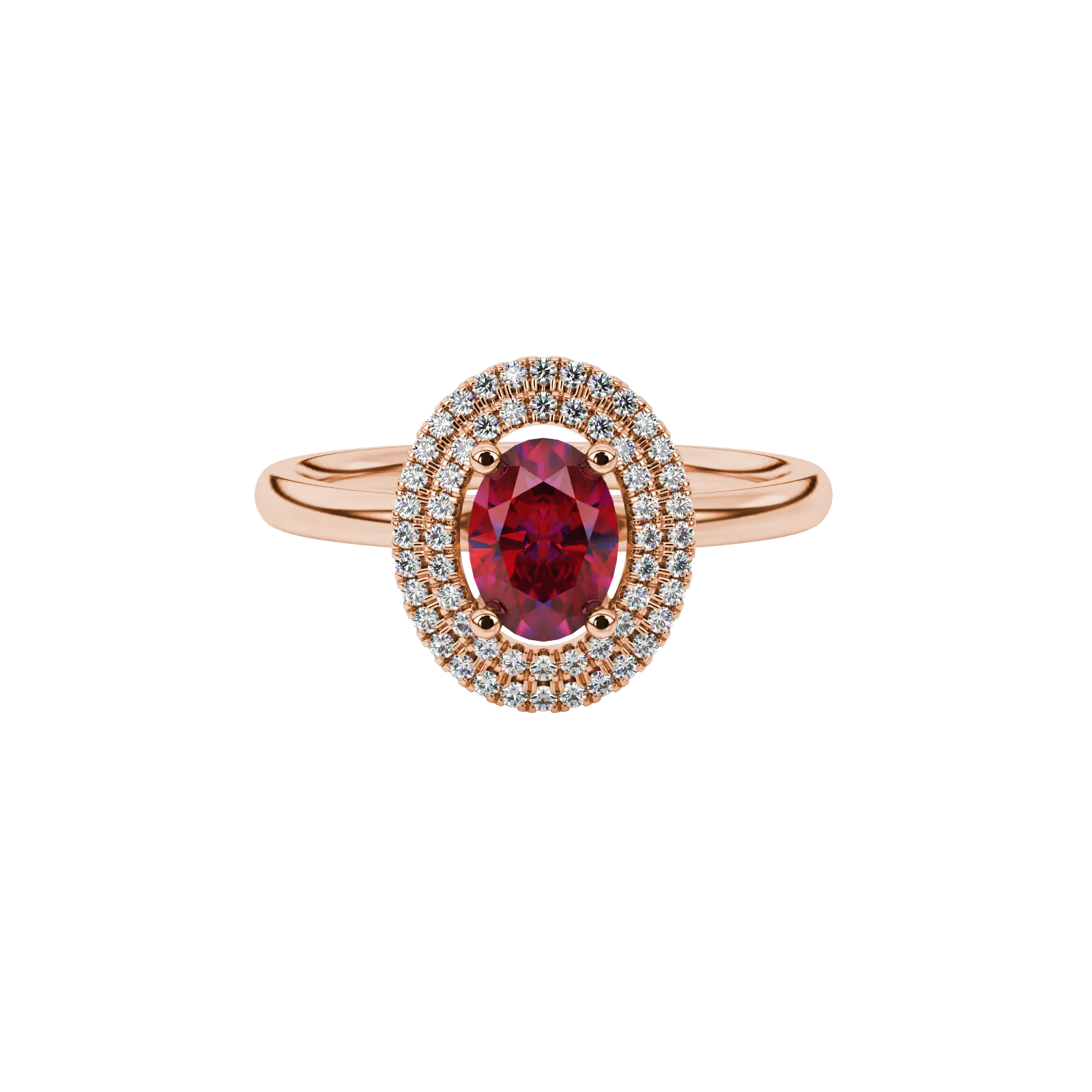 Close-up, oval cut raspberry red gemstone ring, rose gold double halo.