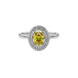 Close-up canary yellow gemstone ring, white gold falling edge halo.