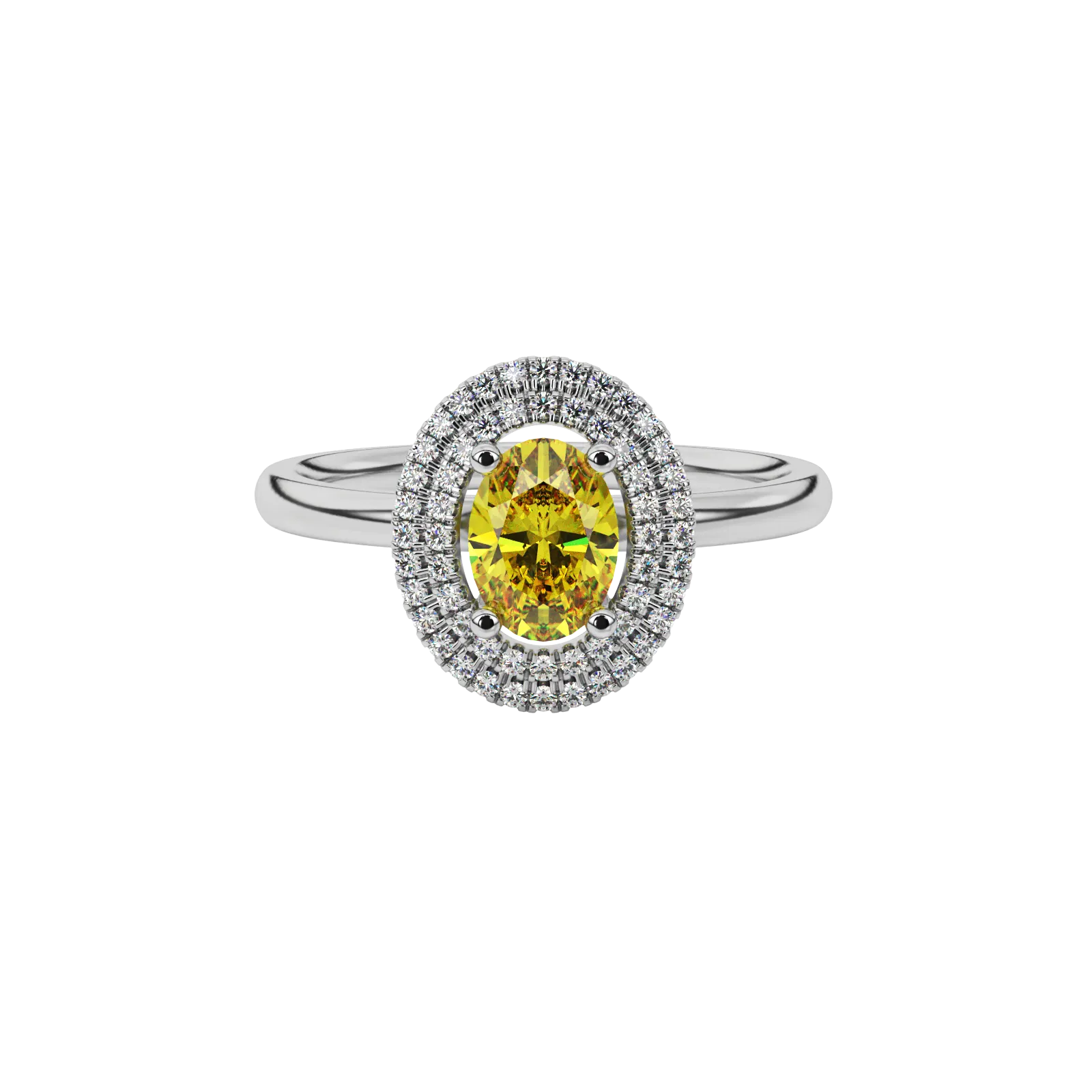 Close-up canary yellow gemstone ring, white gold falling edge halo.