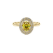 Close-up, oval cut canary yellow gemstone, yellow gold falling edge halo ring.