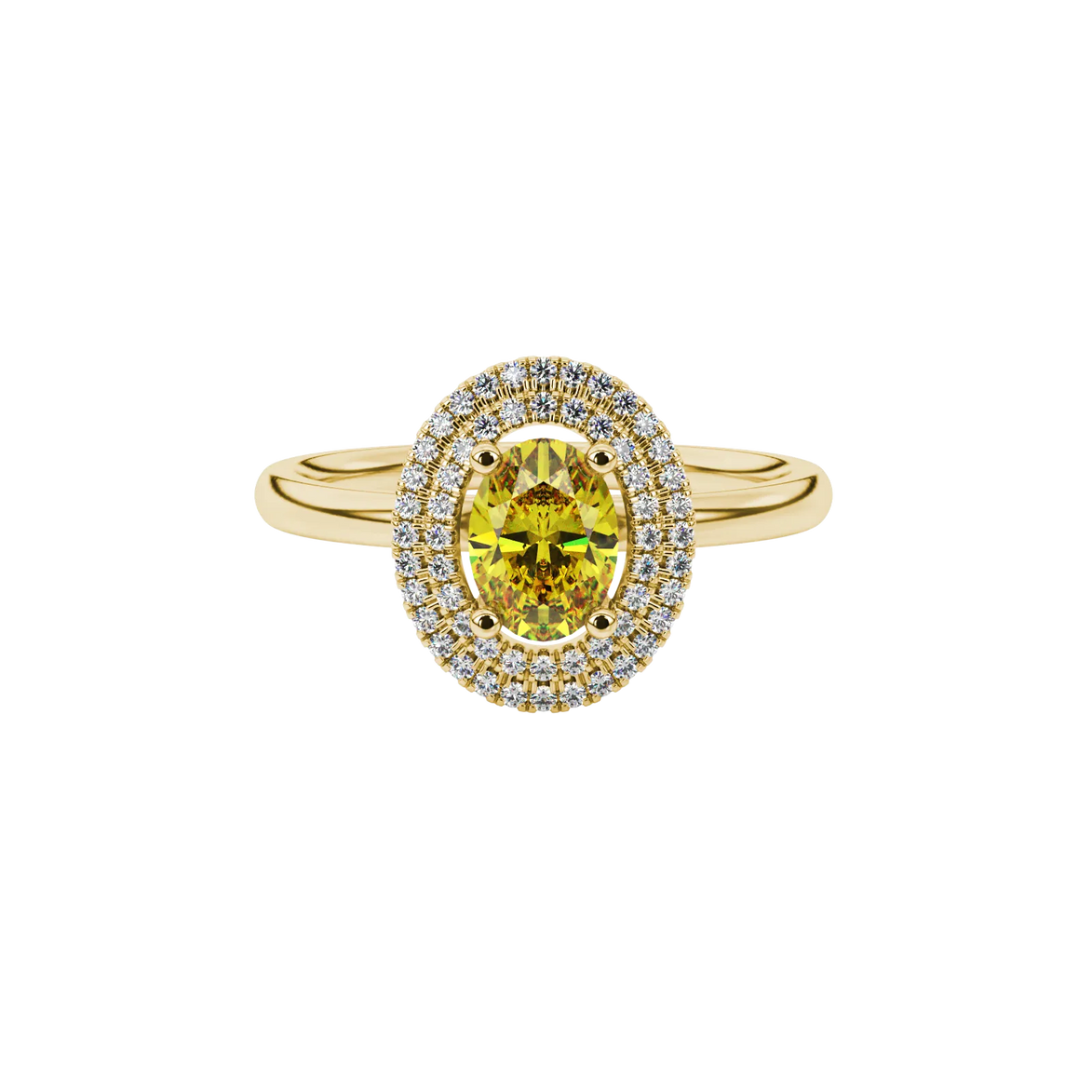 Close-up, oval cut canary yellow gemstone, yellow gold falling edge halo ring.