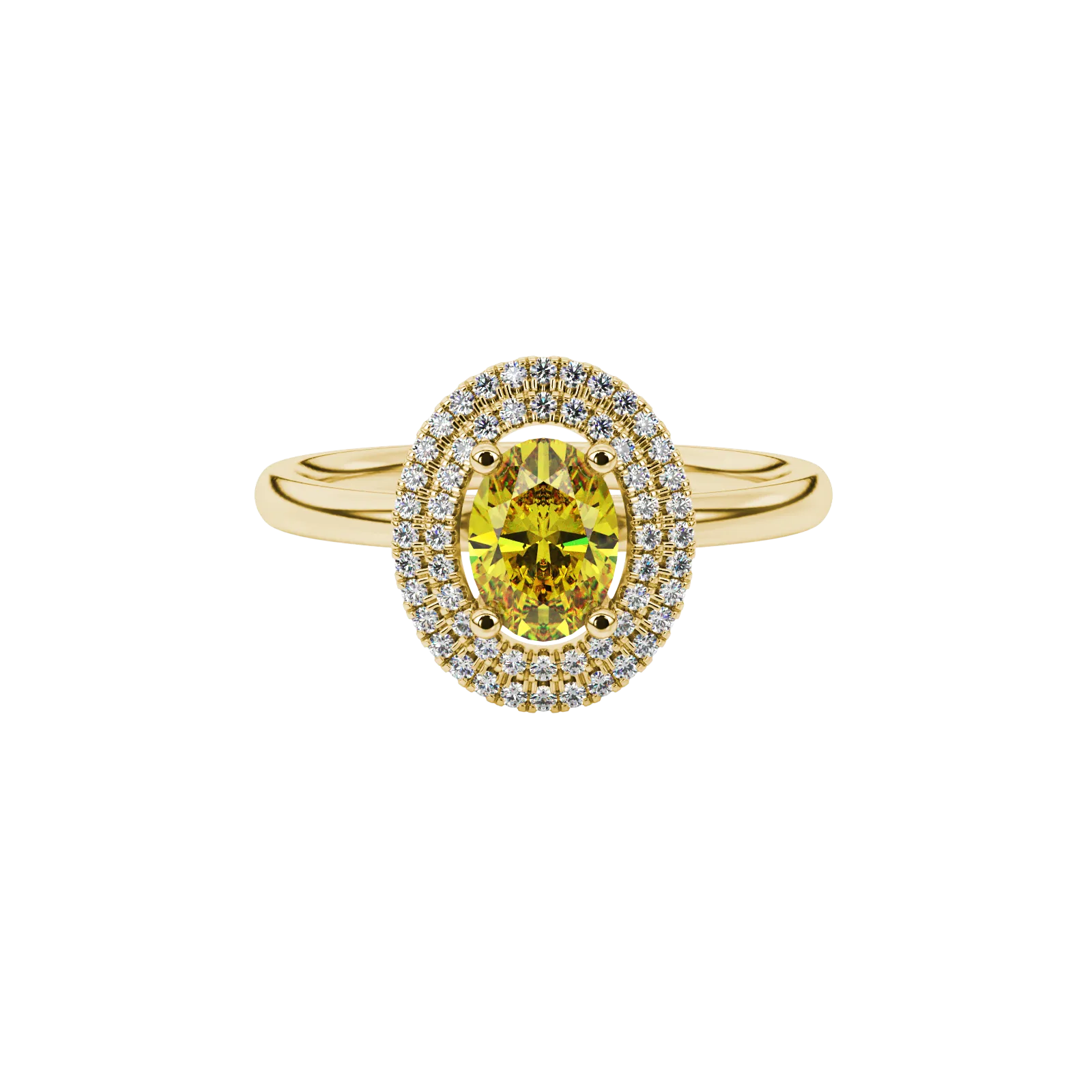 Close-up, oval cut canary yellow gemstone, yellow gold falling edge halo ring.
