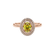 Close-up, oval cut canary yellow gemstone ring, rose gold double halo.